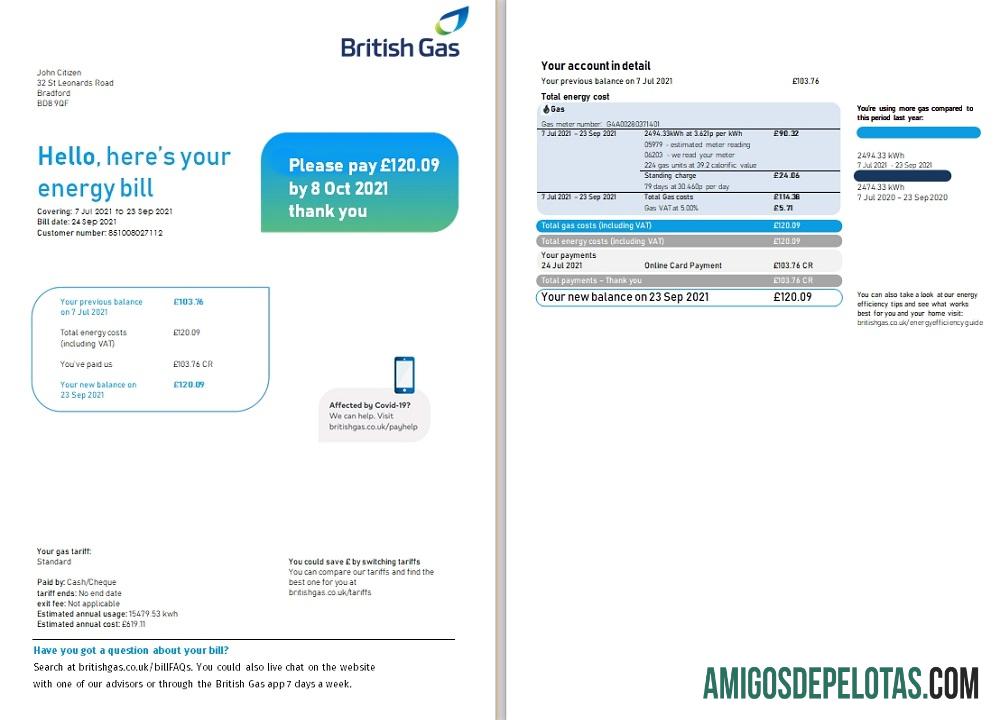 imprimível Modelo de conta de serviços públicos de gás britânico do Reino Unido em formato Word e PDF (2 páginas), versão 3